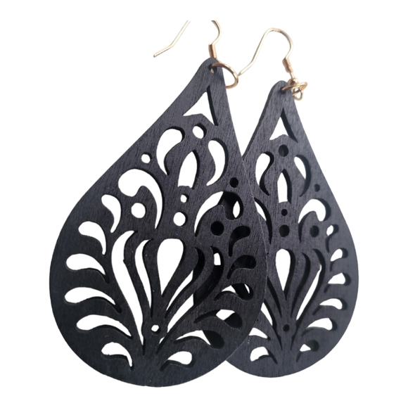 Vintage Water Drop Flower Design Black Wood Earrings. - Picture 2 of 4